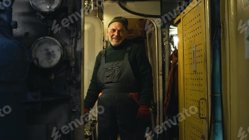 Preview: Positive Aged Mechanic Working On Fishing Ship