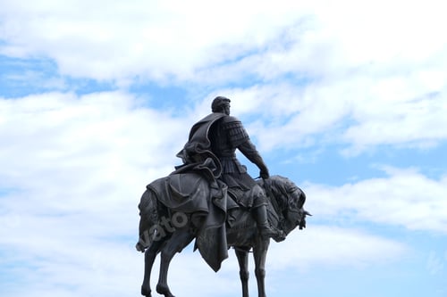 Preview: Nizhny Novgorod, Russia, 08.05.2021. Monument to Alexander Nevsky at the Cathedral on the Strelka