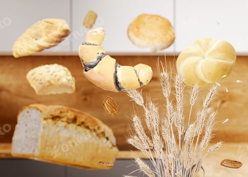 Preview: Wheat ears, bread, pastries. Celiac disease and gluten intolerance concept. Healthcare