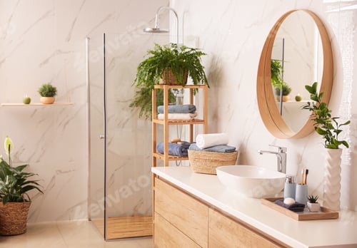 Preview: Stylish bathroom interior with countertop, shower stall and houseplants. Design idea