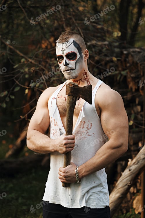 Preview: Male sugar skull makeup. Face painting art.