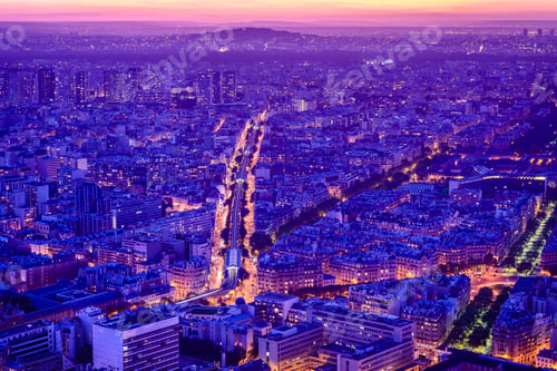 Preview: 54940,Aerial view of Paris cityscape at night, Paris, Ile de France, France