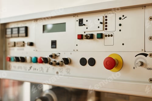 Preview: Machine control panel with switches and buttons on factory equipment