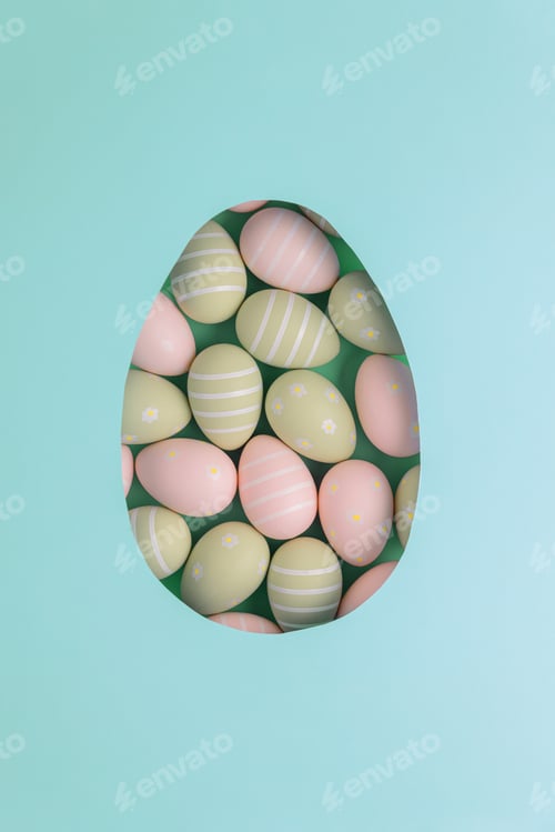 Preview: Easter eggs visible through egg-shaped hole on green background. Top view