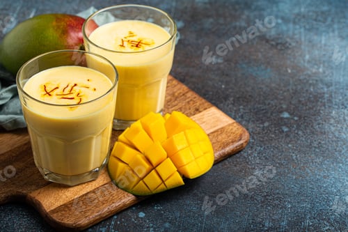 Preview: Drink mango lassi in two glasses on rustic concrete table with fresh ripe cut manfo from above