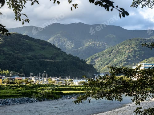 Preview: Sakawa river with mountains in the background in Matsuda, Kanagawa, Japan
