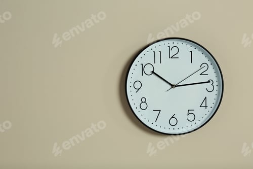 Preview: Stylish clock and space for text on color background. Time management