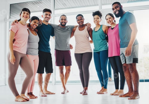 Preview: Fitness, yoga and portrait of people in class excited for pilates workout, exercise and training in