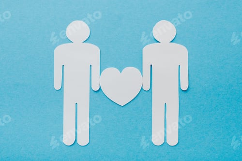 Preview: top view of paper cut figures of homosexual couple isolated on blue, human rights concept