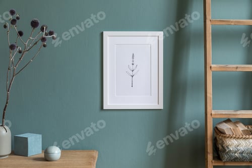 Preview: Stylish and creative composition of modern living room interior design with mock up poster.