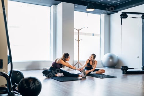Preview: Two fit women stretching together in a modern gym