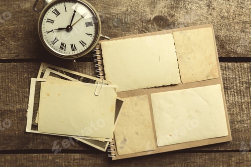 Preview: Old clock and empty photo album on wooden table during afternoon light