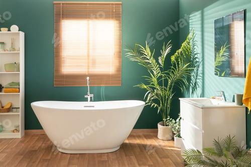 Preview: Cozy Empty Modern Bathroom Background elegant Decorations And Green Plants Indoors. Interior Design