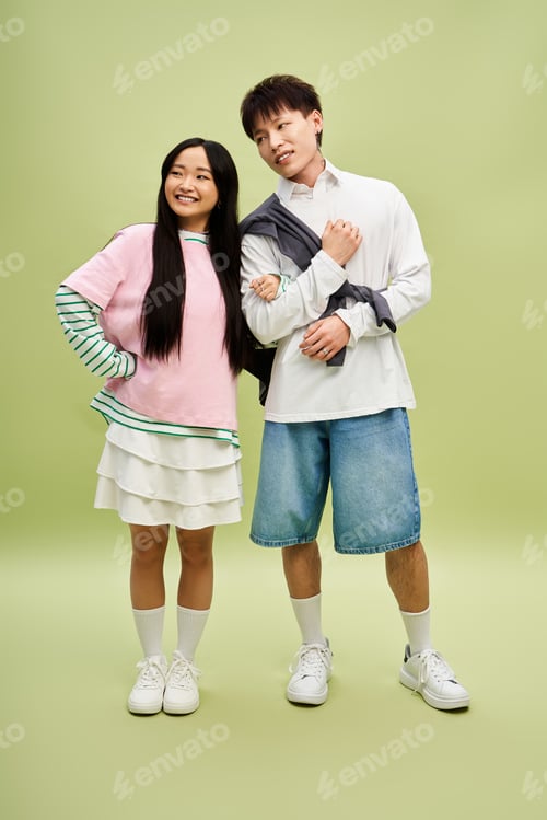 Preview: Stylish couple exudes charm and joy in playful outfit pairing against a vibrant backdrop