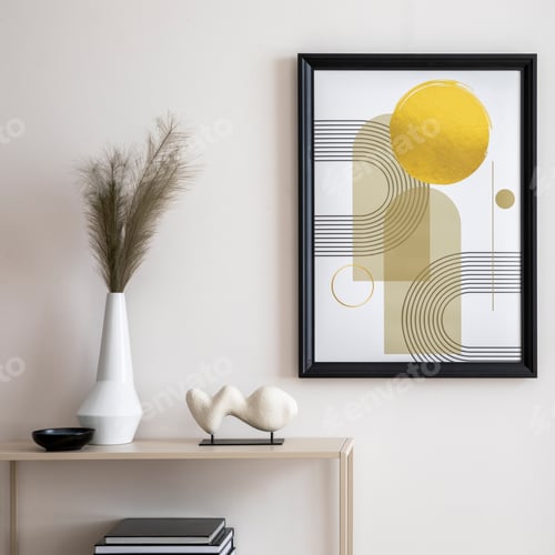 Preview: Simple and bright living room with mock up poster frame, shelf, ladder, dried flowers in vase