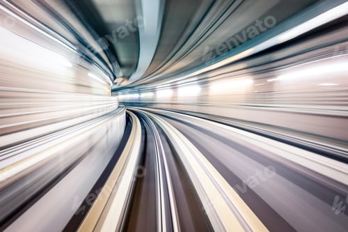 Preview: Subway underground tunnel with blurry rail tracks in metro gallery
