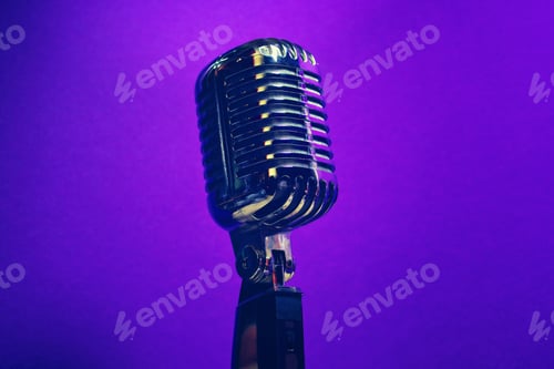 Preview: Close up shot of a vintage microphone on a blue background