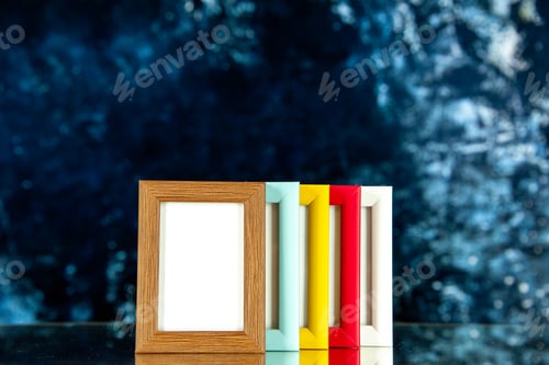 Preview: front view different picture frames with colored corners on dark-blue background family memory glass
