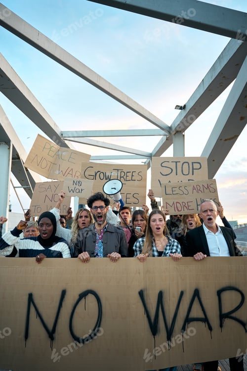 Preview: Diverse ages group of activists gathered shouting at demonstration. People protesting outdoors.