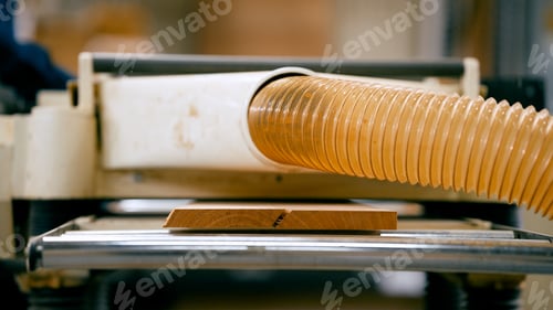 Preview: Wood passing through a thickness planer machine in a workshop