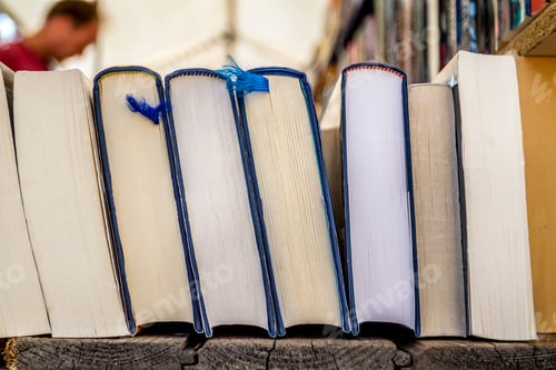 Preview: Second hand hardback reading books, literature in a row on a market stall. Blurred background.