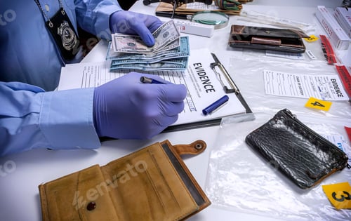 Preview: Specialised police officer notes dollar banknote reference of a robbery, conceptual image