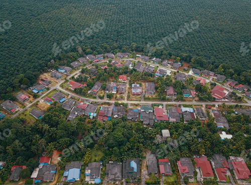 Preview: Drone shot of houses from top view in Felda Air Tawar 4, Kota Tinggi, Johor, Malaysia