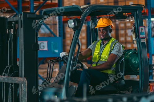 Preview: man in forklift cab, foreman job to working in industrial factory storage store of global business