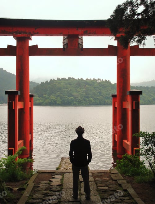 Preview: Silhouette of a man standing beside the floating gate at lake as