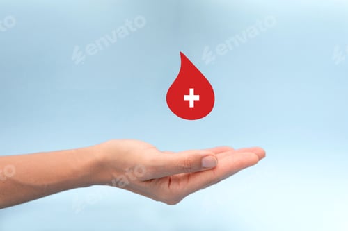 Preview: Hand with a red blood drop and medical cross on a blue background, Healthcare and Donation concept