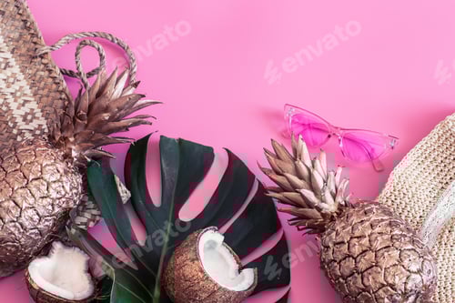 Preview: Summer tropical background with pineapple and summer accessories