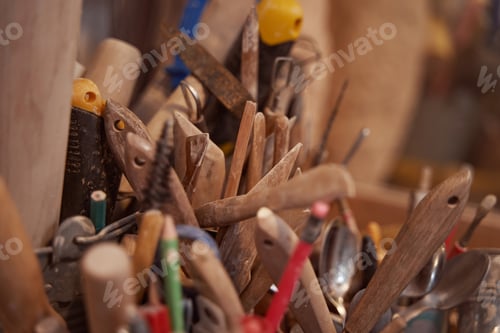 Preview: Miscellaneous clay tools and stationery in potter studio