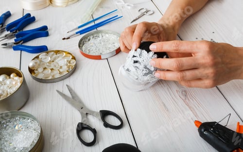 Preview: Creative Diy Hobby. Making Handmade Craft Black Stylish Christmas Balls With Lace. Woman'S Leisure