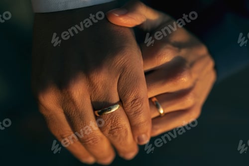 Preview: Hands of a couple intertwined with their newly married wedding bands with warm tones