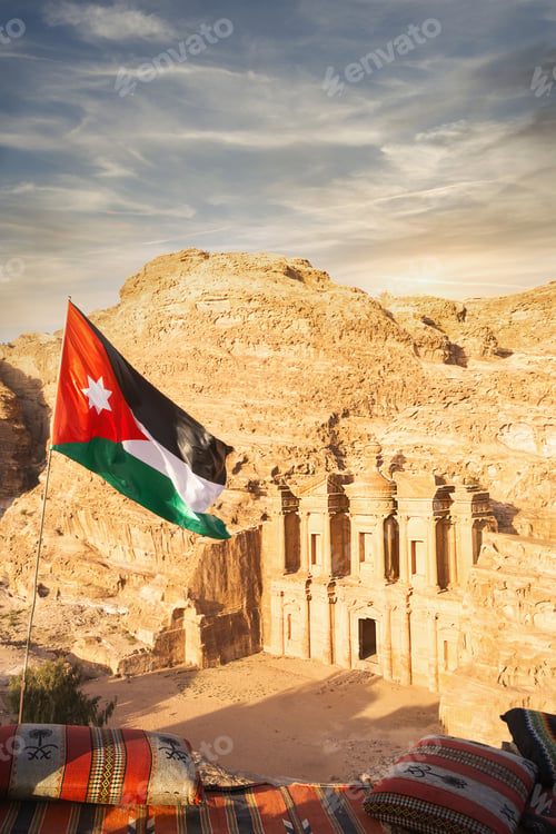 Preview: Exploring Petra in Jordan with a view of the Monastery and a national flag flying