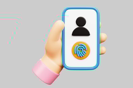 Preview: Hand holding a white rectangle with a silhouette and fingerprint icon.