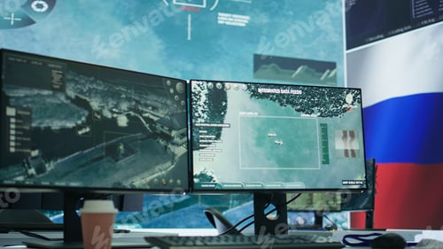 Preview: Empty russian federation military command post managing cyber warfare propaganda