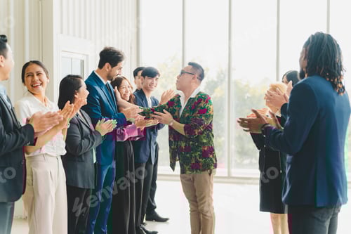 Preview: Celebrate victory to business success with colleagues. Business celebration party event with partner