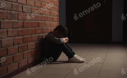 Preview: Sad little boy sitting on floor near brick wall indoors