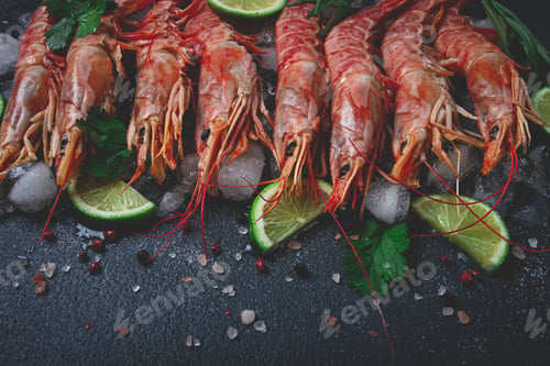 Preview: Langoustines, Australian, freshly frozen on ice, top view, lime and greens,