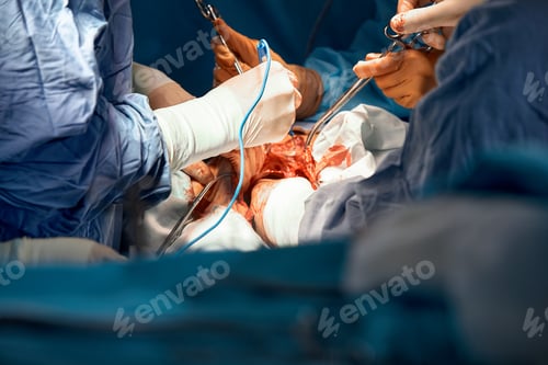 Preview: Group of surgeons in the operating room with surgical equipment. Close-up of hands holding surgical