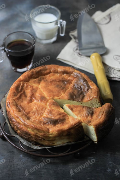 Preview: Basque Burnt Cheese Cake on Black Background, Viral Cheese Cake