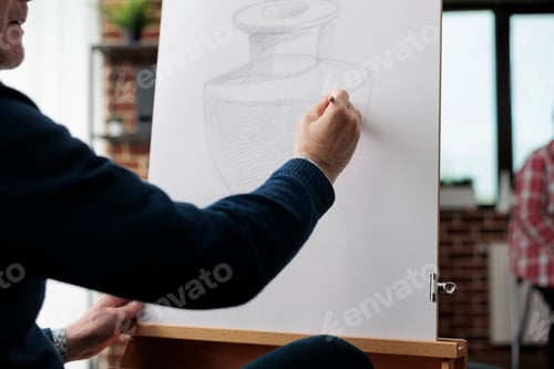 Preview: Close up of painter senior man drawing vase sketch on white canvas