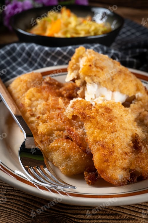 Fried Fish Fillet on Plate with Fork