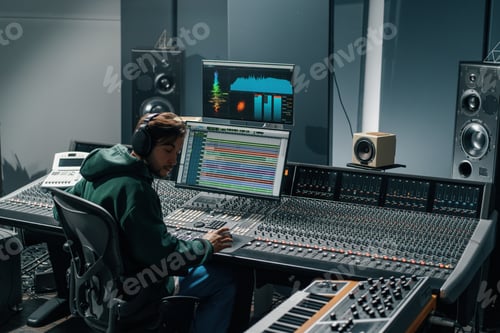 Preview: Sound engineer working in home music studio with monitors and equalizer on screen mastering tracks