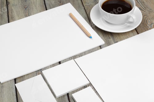 Preview: Mock up set of id template, notebook and cup of coffee. Coffee break background