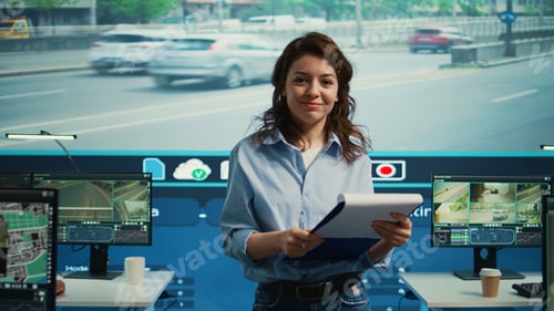 Preview: Portrait of supervisor overseeing the traffic surveillance monitoring activity