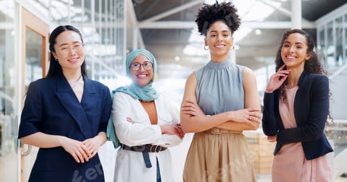 Preview: Diversity, empowerment and portrait of team of women at creative marketing startup company. Teamwor
