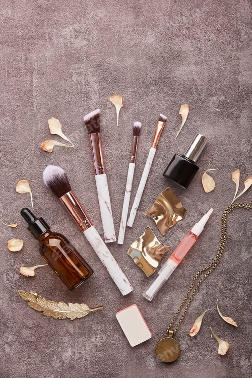 Preview: Feminine aesthetic make up flat lay. Korean beauty cosmetic and accessories flat lay.