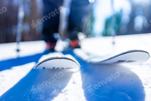 Preview: male skier wearing ski googles mask and professional equipment skis ourdoors in russian forest